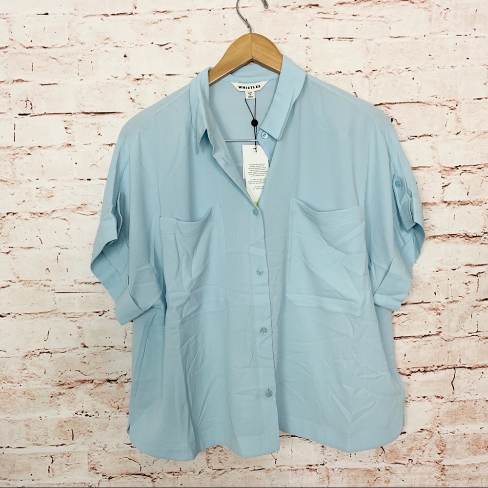 Whistles Textured Short Sleeve Blue Blouse - Picture 4 of 9